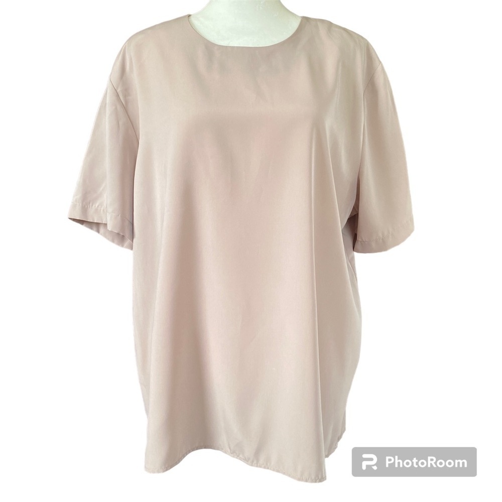 Notations tan short sleeve blouse button closure rounded neckline women's XL